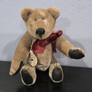 Plush Brown Boyd Bear with Red Bow and Leather Paws